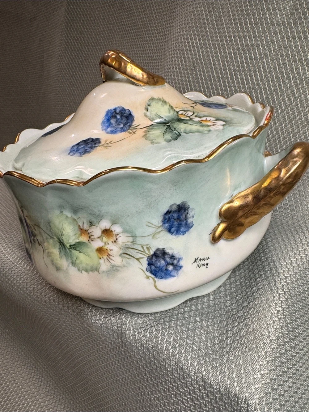 Stunning Vintage Hand Painted Signed “Marla King” Porcelain Covered Dish